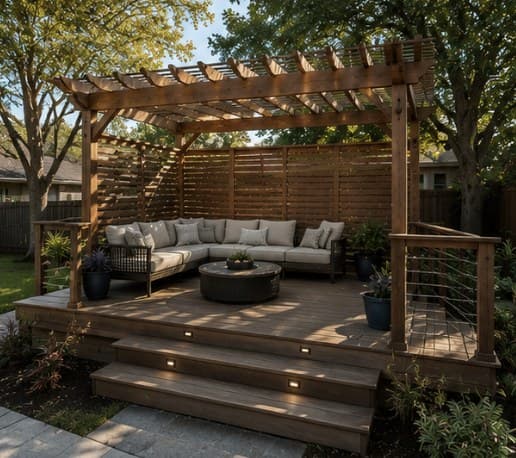 Deck + Pergola — Cable Rail & Fire Pit