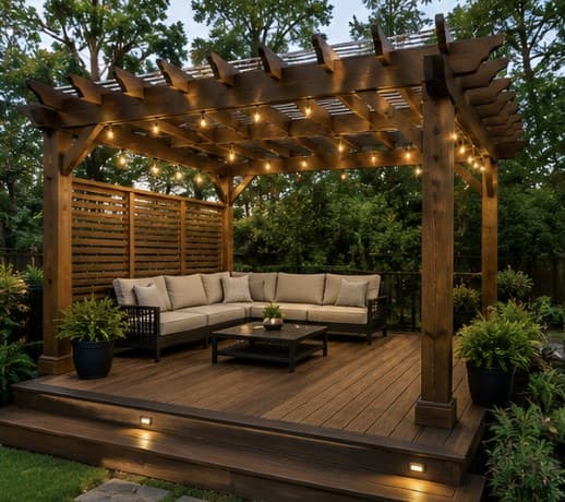 Deck + Pergola — Privacy Panels & String Lights