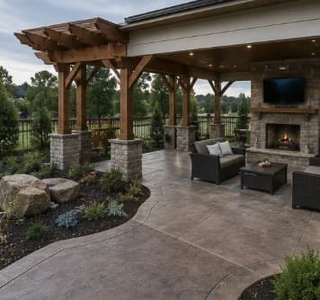 Timber Pavilion — Stone Fireplace & TV