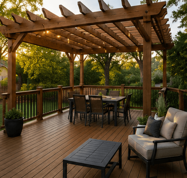 Custom wood deck with pergola and string lights — APEX Greater Houston Area