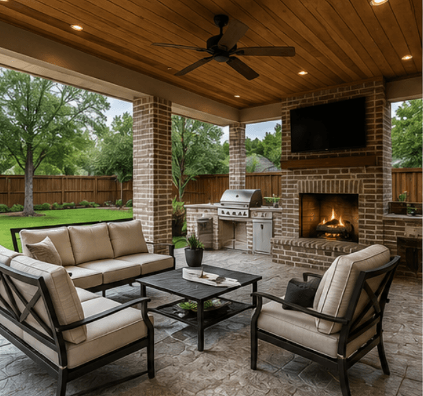 Custom covered patio with outdoor kitchen and fireplace — APEX Greater Houston Area
